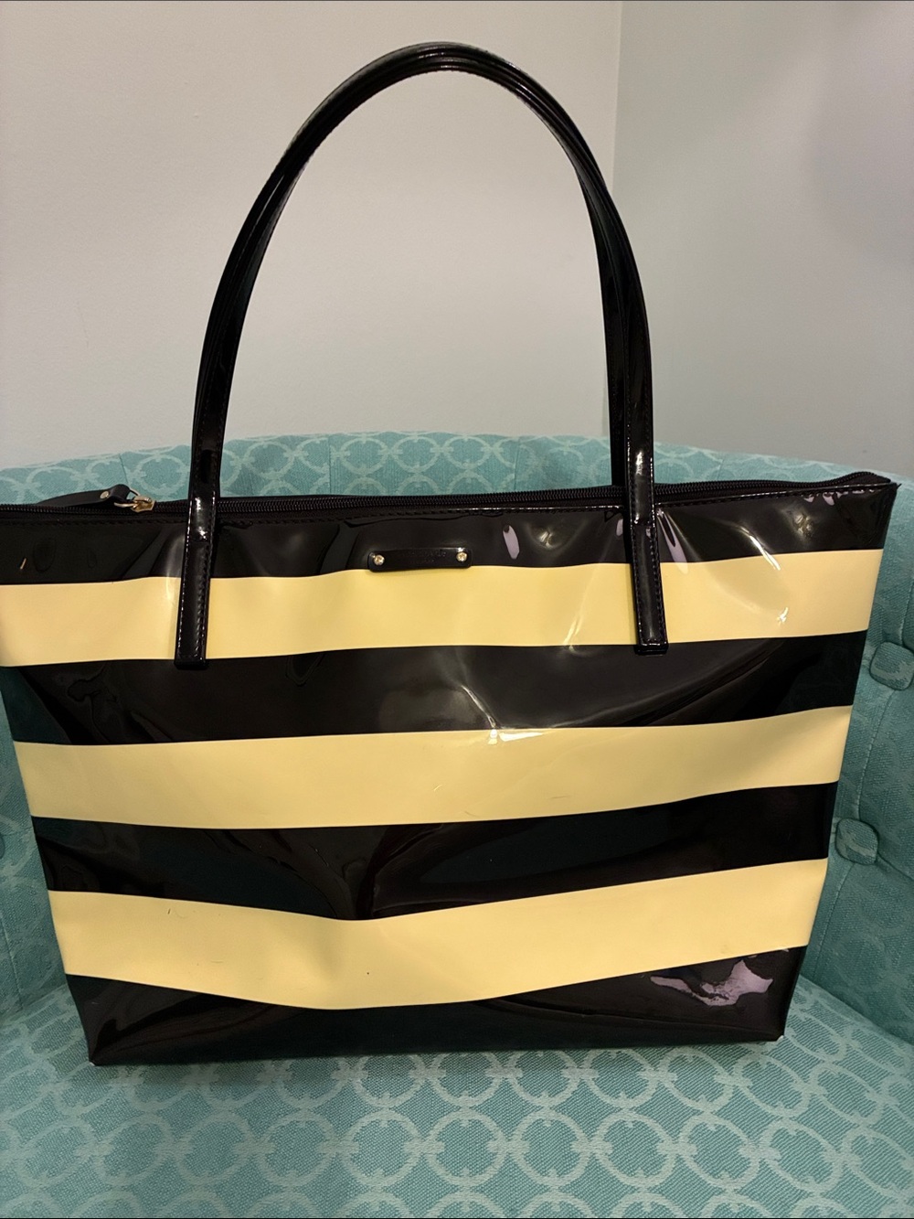 Kate Spade Black and Cream Striped Patent Tote